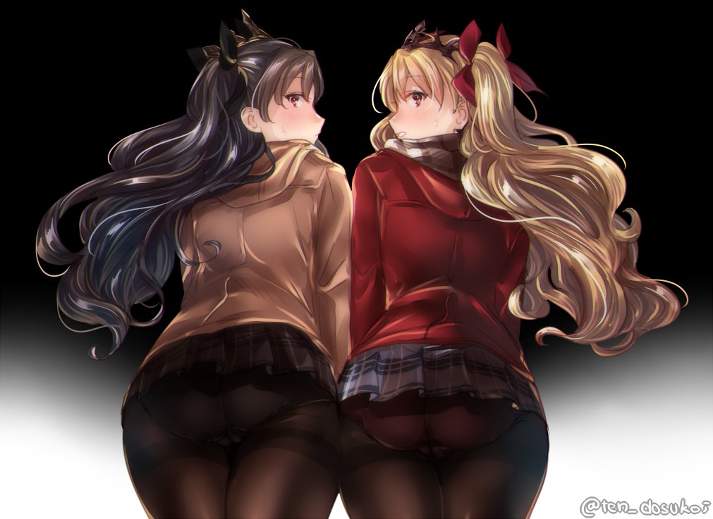 ass black_bow black_hair black_legwear blonde_hair blush bow brown_jacket coat commentary_request ereshkigal_(fate/grand_order) eyebrows_visible_through_hair fate/grand_order fate_(series) gradient gradient_background hair_between_eyes hair_bow ishtar_(fate/grand_order) jacket juurouta long_sleeves looking_at_viewer miniskirt multiple_girls open_mouth pantyhose plaid plaid_skirt red_bow red_eyes red_jacket scarf skirt striped striped_scarf twitter_username winter_clothes
