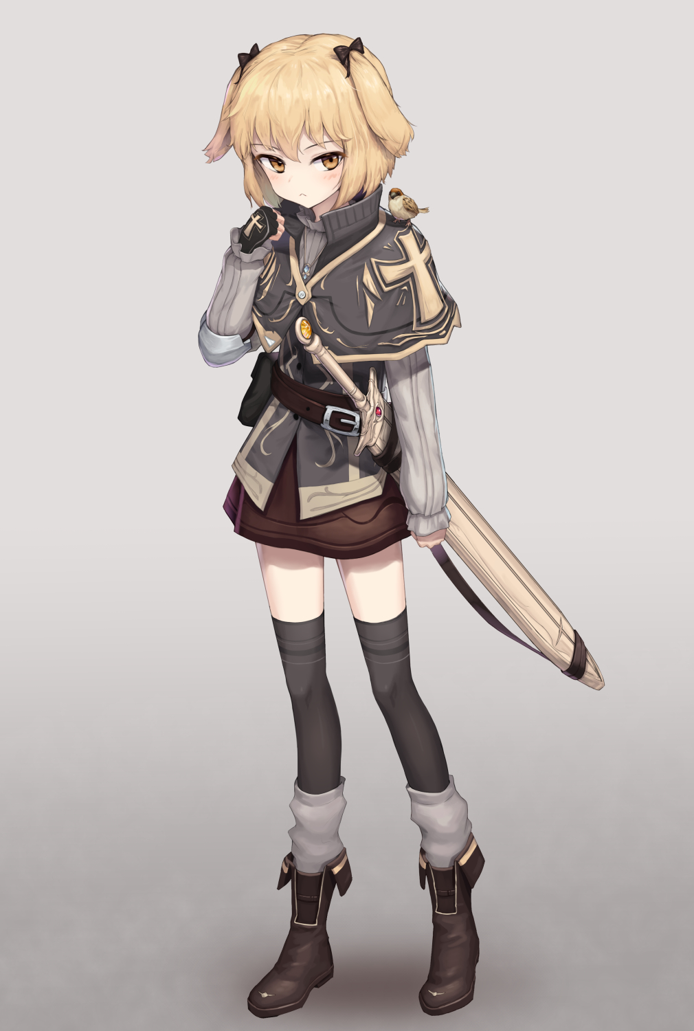 animal animal_ears animal_on_shoulder armor belt bird bird_on_shoulder blonde_hair boots bow capelet commentary_request cross_print dog_ears ear_ribbon elbow_pads expressionless fingerless_gloves full_body gloves highres long_sleeves nieun3568 original pouch ribbed_sweater sheath sheathed short_hair skirt sparrow sweater sword thighhighs vest weapon yellow_eyes zettai_ryouiki
