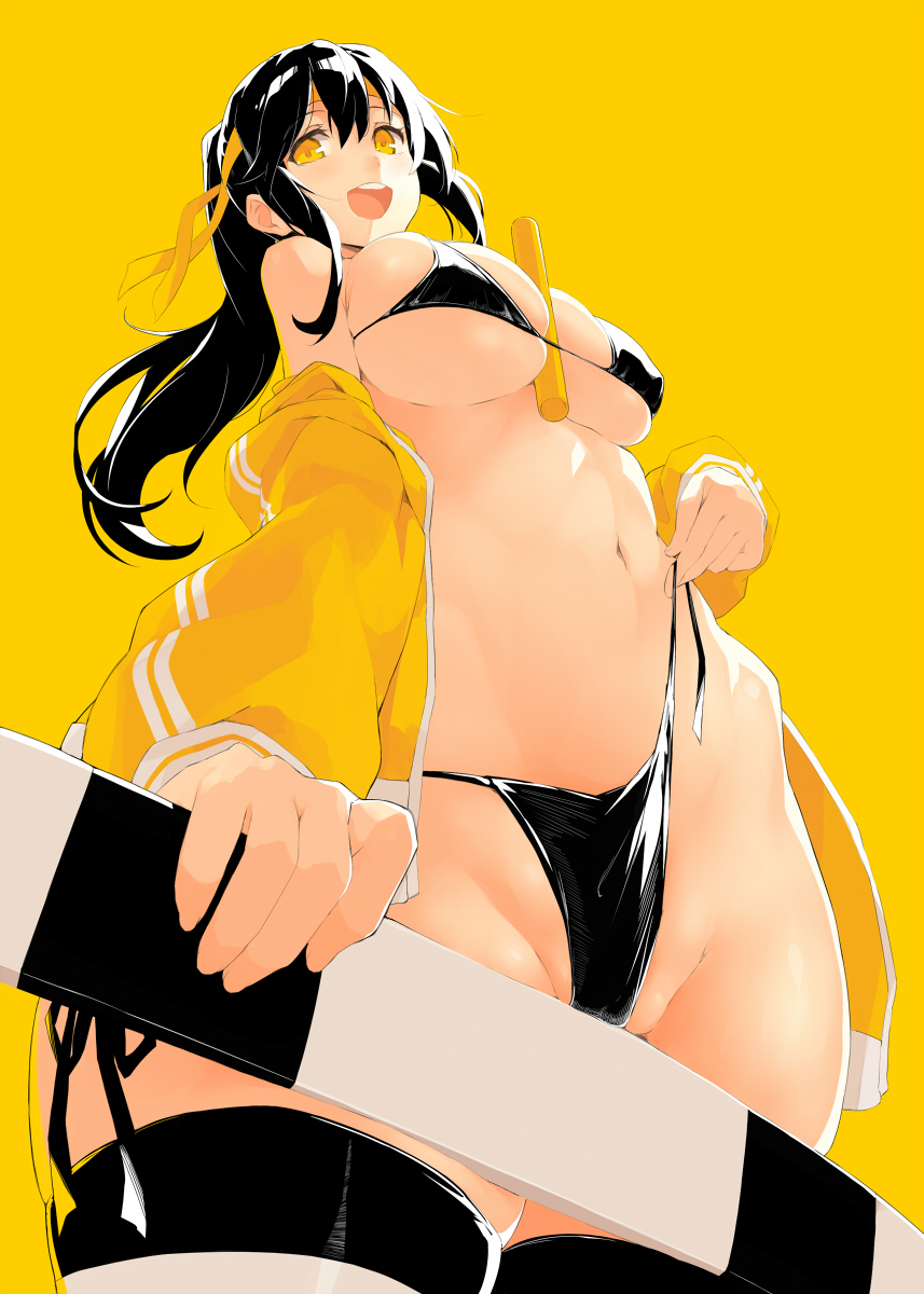 between_breasts bikini black_bikini black_hair blush breasts cleavage commentary_request eyebrows_visible_through_hair from_below headband highres jacket kekemotsu large_breasts long_hair looking_at_viewer looking_down navel open_clothes open_jacket open_mouth original ponytail rod side-tie_bikini simple_background smile solo stomach striped striped_legwear swimsuit thighhighs track_jacket underboob untied untied_bikini yellow_background yellow_eyes