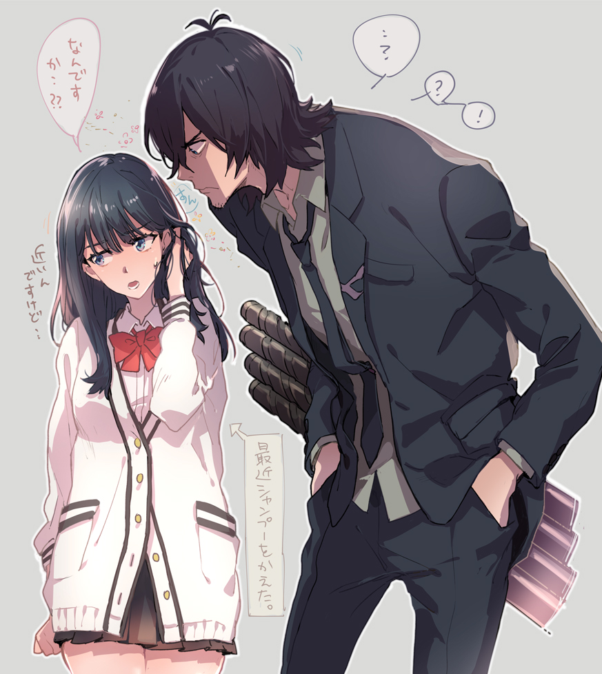 1girl bangs black_hair black_neckwear black_skirt black_suit blue_eyes bow bowtie buttons closed_mouth commentary_request facial_hair formal geiyajin grey_background hair_between_eyes hand_in_hair hands_in_pockets leaning_forward long_hair long_sleeves looking_at_another looking_to_the_side miniskirt multiple_swords necktie open_mouth pleated_skirt red_neckwear samurai_calibur school_uniform sheath sheathed simple_background skirt speech_bubble ssss.gridman stubble suit sweater sword takarada_rikka thighs translation_request weapon white_sweater