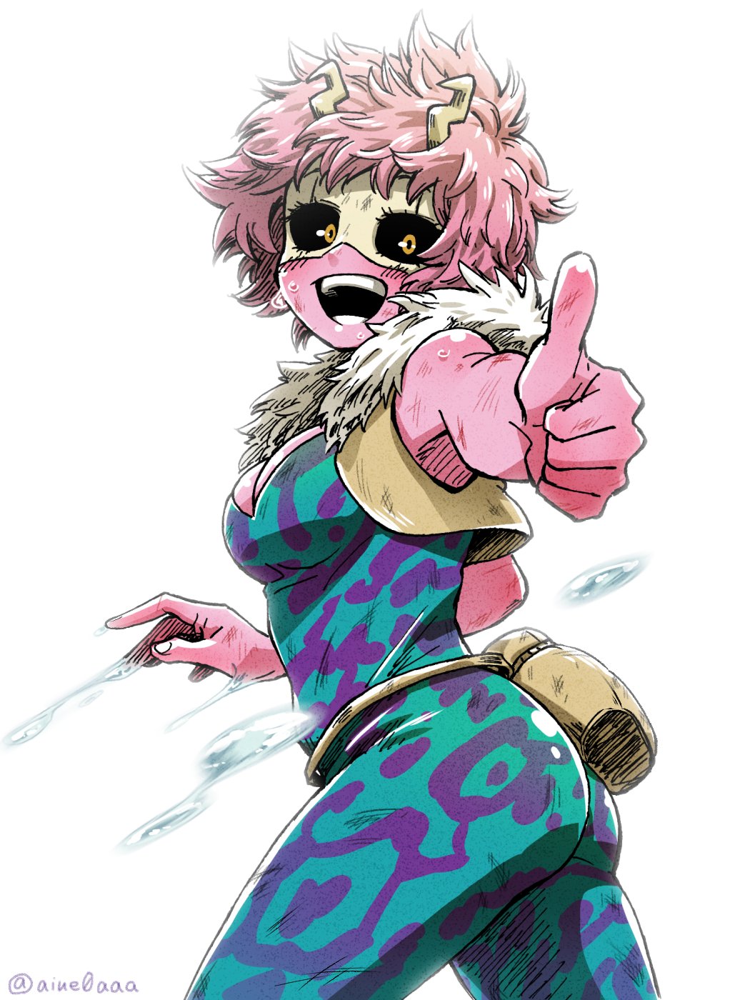 :d aiue0 armpit_peek ashido_mina ass bare_shoulders black_sclera blush bodysuit boku_no_hero_academia breasts cleavage cowboy_shot cropped_jacket domino_mask from_side fur_trim highres horns mask medium_breasts open_mouth pink_hair pink_skin pouch short_hair simple_background sleeveless smile solo teeth thumbs_up twitter_username white_background yellow_eyes