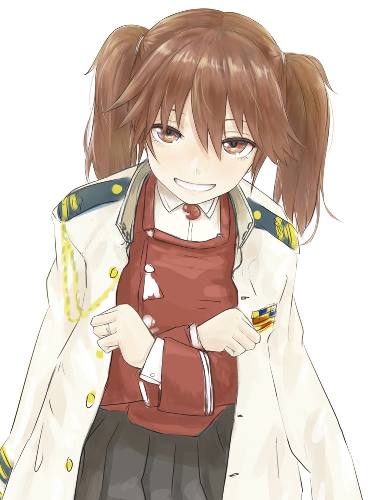black_skirt brown_eyes brown_hair commentary_request grin jacket_on_shoulders japanese_clothes kantai_collection kariginu long_hair looking_at_viewer magatama military military_uniform naval_uniform nito_(nshtntr) pleated_skirt ryuujou_(kantai_collection) skirt smile solo twintails uniform visor_cap
