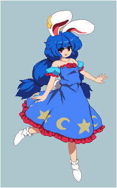 blue_dress blue_hair bunny_ears commentary_request crescent dress ear_clip long_hair lowres moon_rabbit red_eyes seiran_(touhou) star takorin touhou very_long_hair
