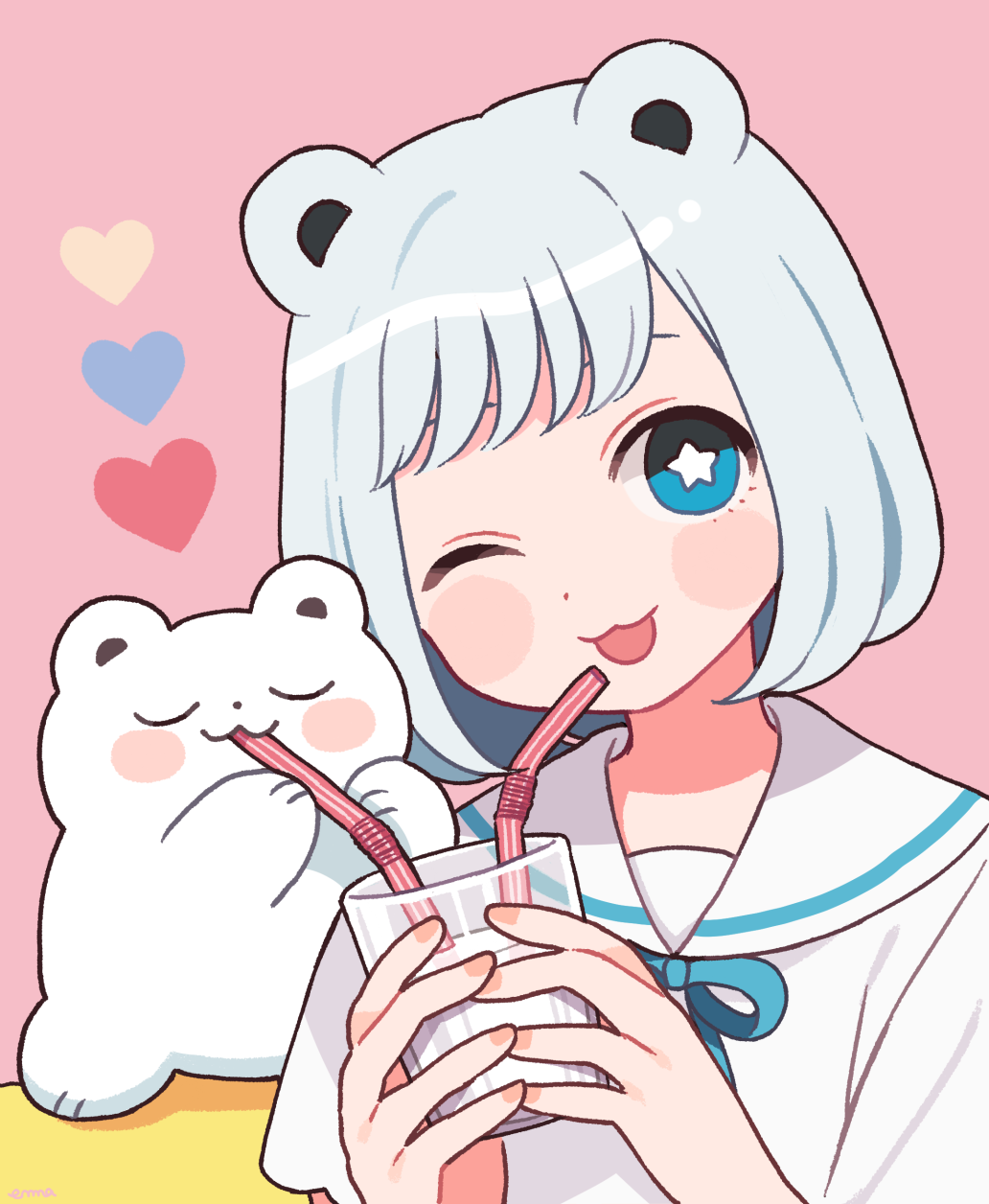 animal_ears bad_id bad_pixiv_id bangs bear bear_ears blue_eyes blush closed_eyes cup drinking drinking_straw heart highres holding holding_cup medium_hair nokanok one_eye_closed open_mouth original pink_background sailor_collar shirt short_sleeves silver_hair sitting smile star star-shaped_pupils symbol-shaped_pupils upper_body white_shirt