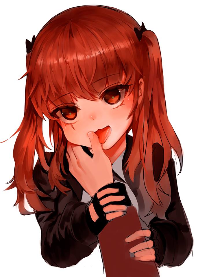 bangs black_bow black_gloves black_jacket bow brown_hair collared_shirt dokomon eyebrows_visible_through_hair fingerless_gloves fingernails girls_frontline gloves grey_shirt hair_between_eyes hair_bow head_tilt jacket long_hair long_sleeves looking_at_viewer open_mouth out_of_frame red_eyes scar scar_across_eye shirt simple_background sleeves_past_wrists solo_focus tongue tongue_out twintails ump9_(girls_frontline) white_background