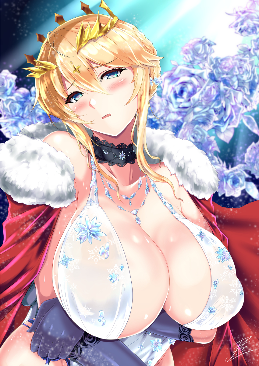 ahoge artoria_pendragon_(all) artoria_pendragon_(lancer) artoria_pendragon_(lancer_alter) artoria_pendragon_(lancer_alter)_(cosplay) bangs bare_shoulders blue_gloves blurry blush braid breasts cape cleavage commentary_request cosplay covered_nipples crown depth_of_field elbow_gloves fate/grand_order fate_(series) floral_print flower french_braid fur-trimmed_cape fur_trim gloves green_eyes hair_between_eyes highres huge_breasts looking_at_viewer open_mouth puffy_nipples red_cape revealing_clothes rose rose_background rose_print royal_icing see-through shiny shiny_skin sideboob sidelocks solo swept_bangs upper_body wavy_mouth white_flower white_rose yasakani_an