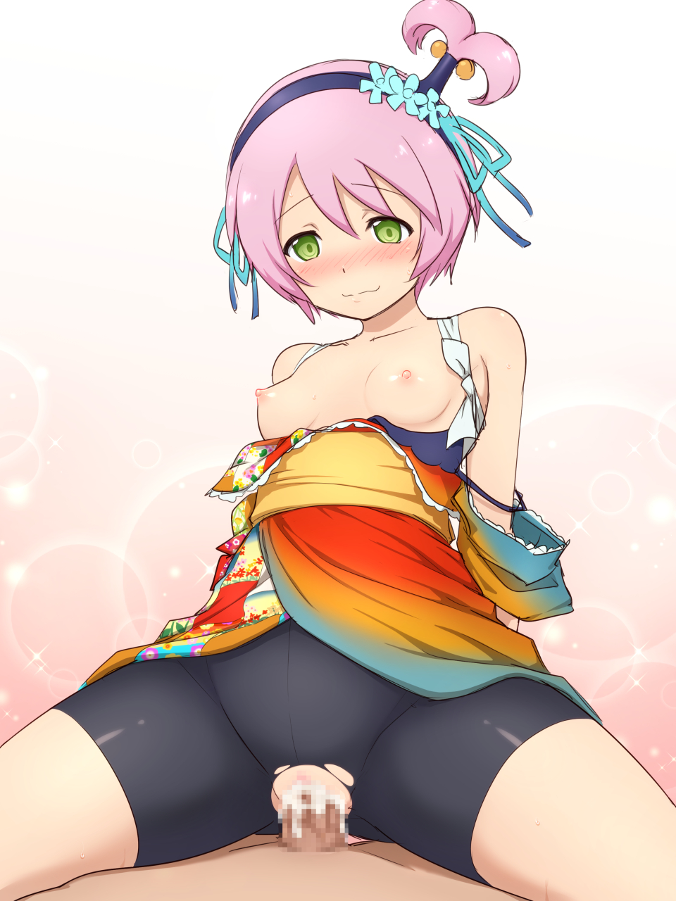 1girl bike_shorts black_hairband black_shorts blush breasts censored closed_mouth clothed_sex cowgirl_position cum cum_in_pussy girl_on_top green_eyes hairband happy_sex highres japanese_clothes kanonno_earhart kiikii_(kitsukedokoro) kimono light_particles medium_breasts mosaic_censoring nipples overflow penis pink_background pink_hair raised_eyebrows sex shiny shiny_skin short_hair shorts side_ponytail smile spread_legs straddling tales_of_(series) tales_of_the_world_radiant_mythology_2 torn_clothes torn_shorts vaginal white_background
