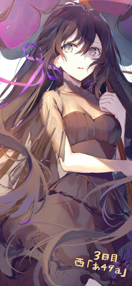 black_dress black_hair breasts brown_eyes cleavage dress floating_hair hair_between_eyes hair_ribbon holding holding_umbrella kouyafu long_dress long_hair original purple_ribbon ribbon see-through sketch small_breasts solo standing umbrella very_long_hair