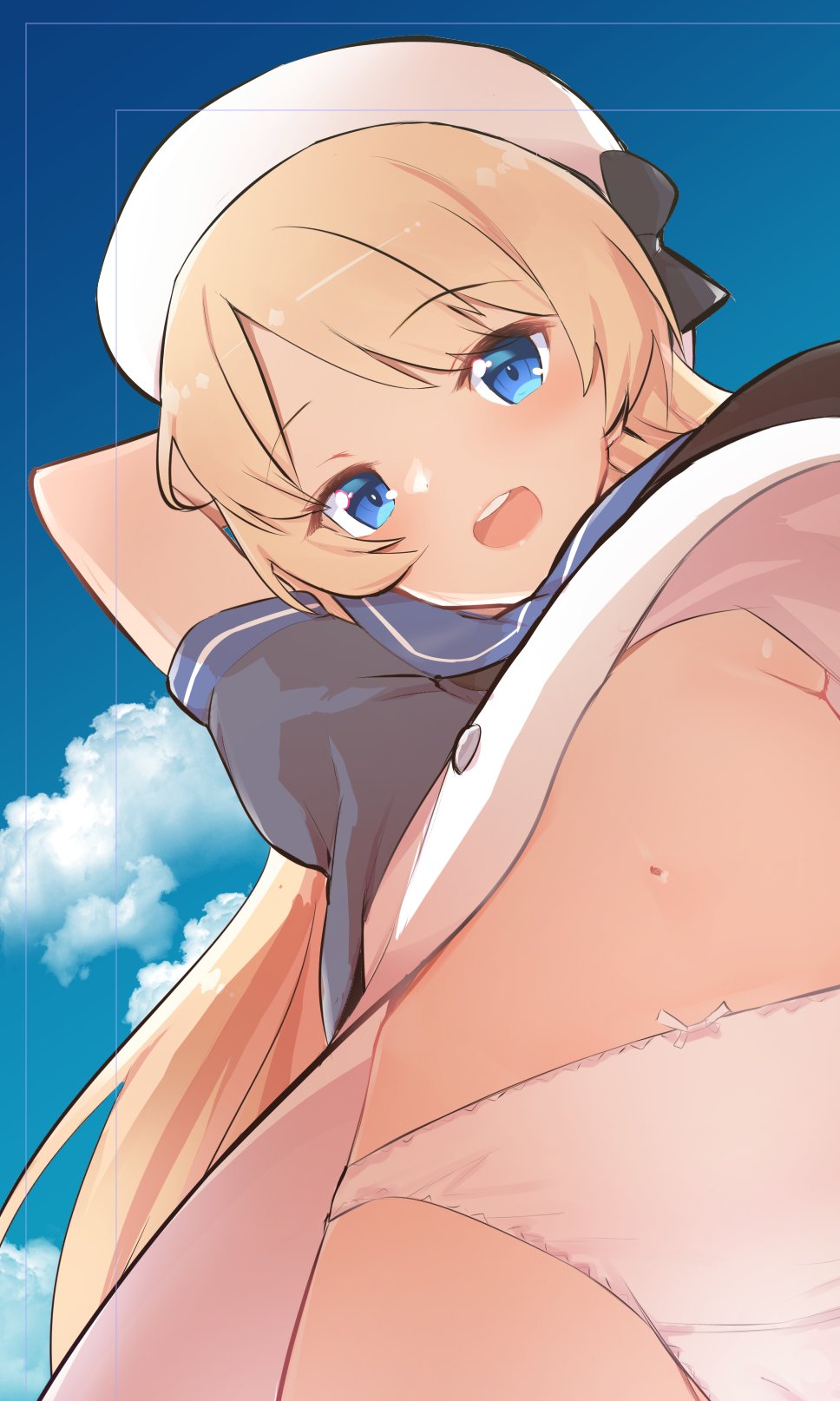 arm_behind_head arm_up black_shirt blonde_hair blue_eyes breasts caburi cloud commentary_request day dress extended_upskirt from_below hand_on_headwear hat highres jervis_(kantai_collection) kantai_collection long_hair looking_down navel no_bra open_mouth panties shirt sky small_breasts smile solo underboob underwear upskirt white_dress white_panties wind wind_lift