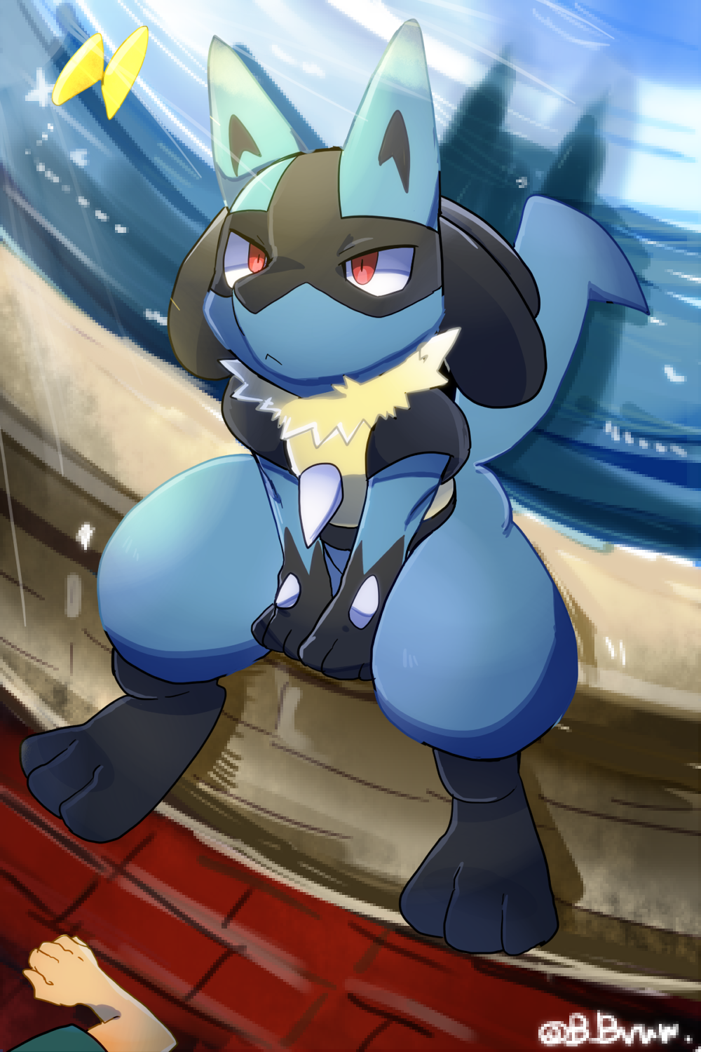:&lt; ambiguous_gender anthro arthropod barefoot butterfly c.bell canine clothed clothing detailed fountain fur human insect long_ears looking_up lucario mammal nintendo outside pok&eacute;mon pok&eacute;mon_(species) red_eyes shirt sitting solo spikes video_games water
