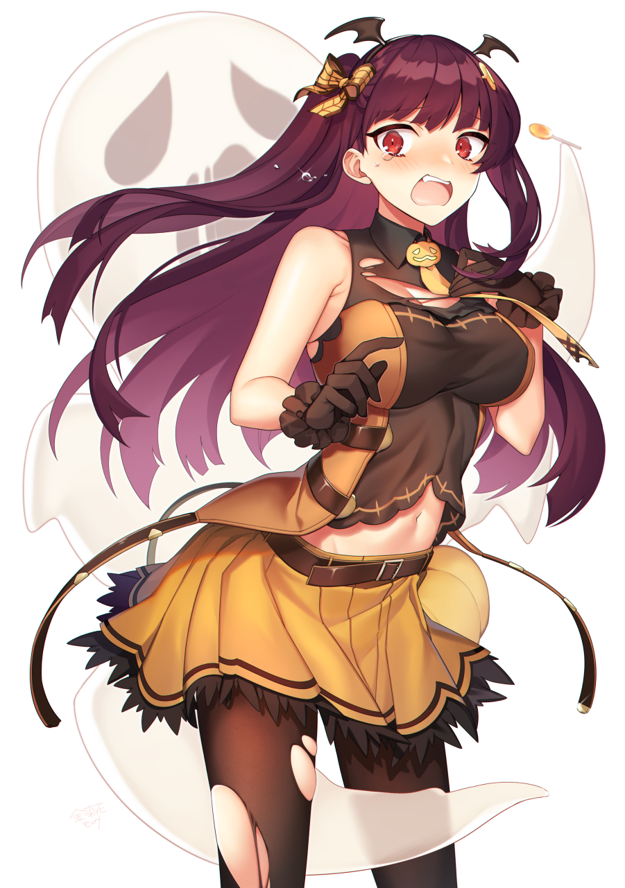 alternate_costume bangs bat_hair_ornament belt black_legwear blush breasts candy collared_shirt commentary_request crying crying_with_eyes_open eyebrows_visible_through_hair food food_themed_hair_ornament ghost girls_frontline gloves hair_ornament hair_ribbon half_updo halloween hand_on_own_chest hand_up highres jack-o'-lantern kinsenka_momi large_breasts lollipop long_hair looking_at_viewer navel necktie one_side_up open_mouth pantyhose pumpkin_hair_ornament purple_hair red_eyes ribbon shirt simple_background skindentation skirt sleeveless sleeveless_shirt solo standing sweatdrop tears torn_clothes torn_legwear very_long_hair wa2000_(girls_frontline) white_background