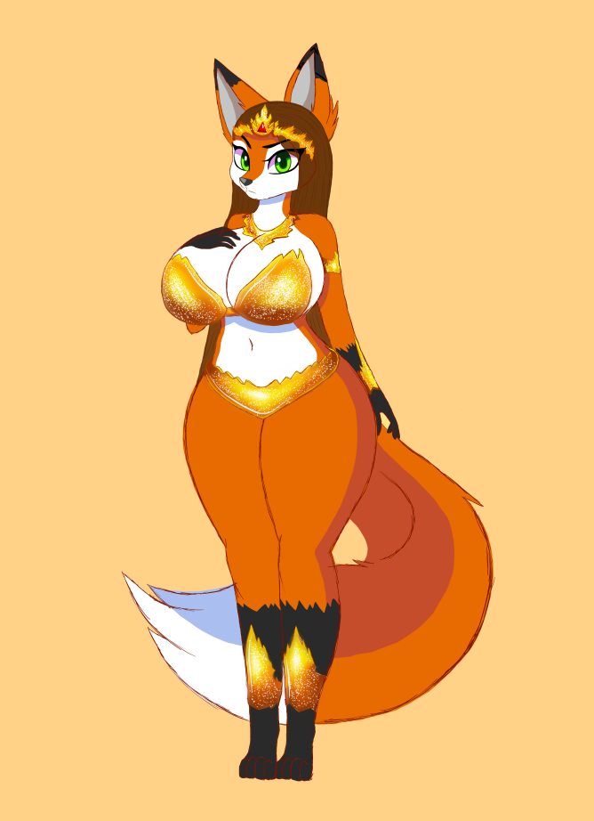 anthro armor brown_hair canine cocaine-leopard crown female fire_princess fox green_eyes hair jewelry long_tail mammal solo standing tiara