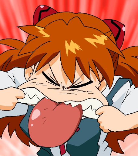 1girl angry breasts female game_cg girlfriend_of_steel hair_between_eyes hair_ornament long_hair neon_genesis_evangelion neon_genesis_evangelion:_iron_maiden school_uniform soryu_asuka_langley tongue tongue_out twintails