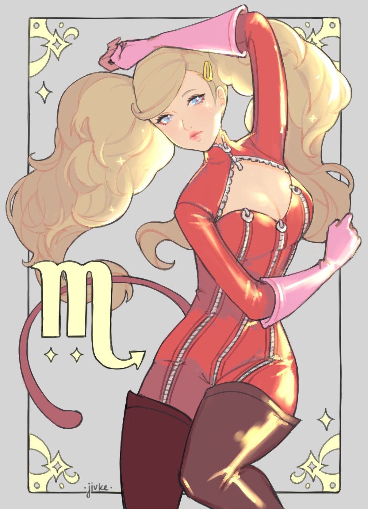 bodysuit commentary earrings fake_tail gloves highres jewelry jivke long_hair looking_at_viewer mask mask_removed persona persona_5 pink_gloves red_background red_bodysuit red_legwear simple_background solo stud_earrings tail takamaki_anne twintails whip zipper