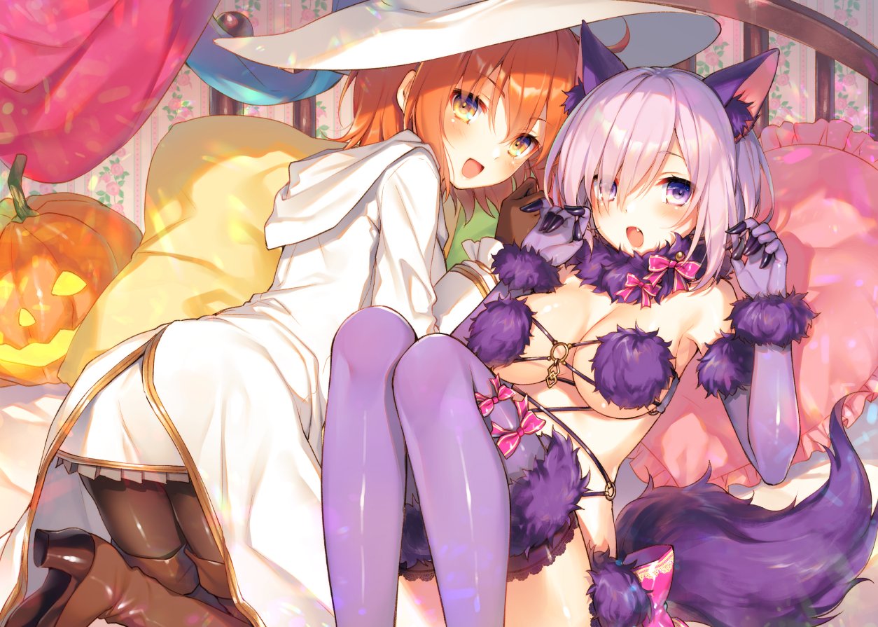 :d animal_ears boots breasts brown_footwear brown_legwear cleavage dangerous_beast eyes_visible_through_hair fang fate/grand_order fate_(series) frilled_pillow frills fujimaru_ritsuka_(female) fur_trim grey_skirt hair_between_eyes hair_over_one_eye heart heart_pillow high_heel_boots high_heels hooded_coat looking_at_viewer mash_kyrielight medium_breasts miniskirt multiple_girls open_mouth orange_hair pantyhose pillow pink_hair pink_pillow pleated_skirt pumpkin purple_eyes purple_legwear shiny shiny_clothes shiny_hair short_hair skirt smile tail thigh_boots thighhighs toosaka_asagi underboob white_coat wolf_ears wolf_tail yellow_eyes yellow_pillow