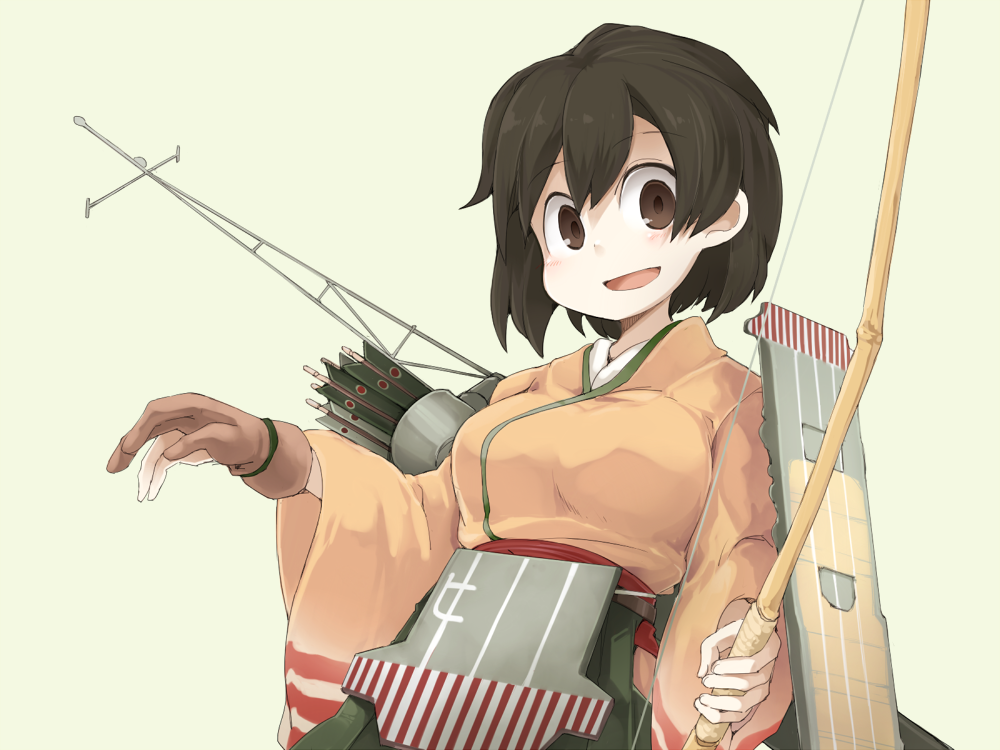 1girl black_hair bow_(weapon) female hiryuu_(kantai_collection) japanese_clothes kantai_collection kimono ls-lrtha open_mouth quiver short_hair solo weapon