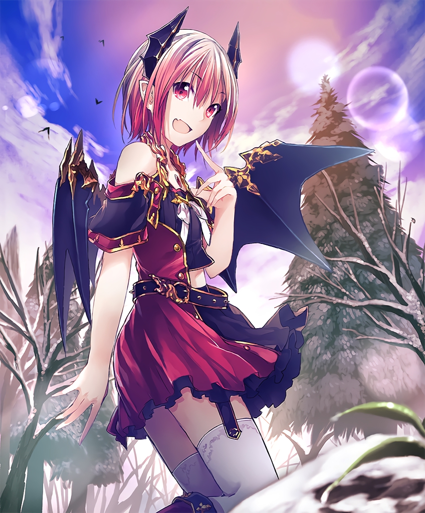 :d artist_request bare_shoulders bare_tree belt boots cloud cloudy_sky cygames demon_girl demon_horns demon_wings eyebrows_visible_through_hair fang garter_straps gold_trim horns lens_flare looking_at_viewer miriam_(shadowverse) open_mouth pointy_ears red_eyes red_hair red_skirt shadowverse shingeki_no_bahamut short_hair skirt sky smile snow spruce thighhighs tree wings