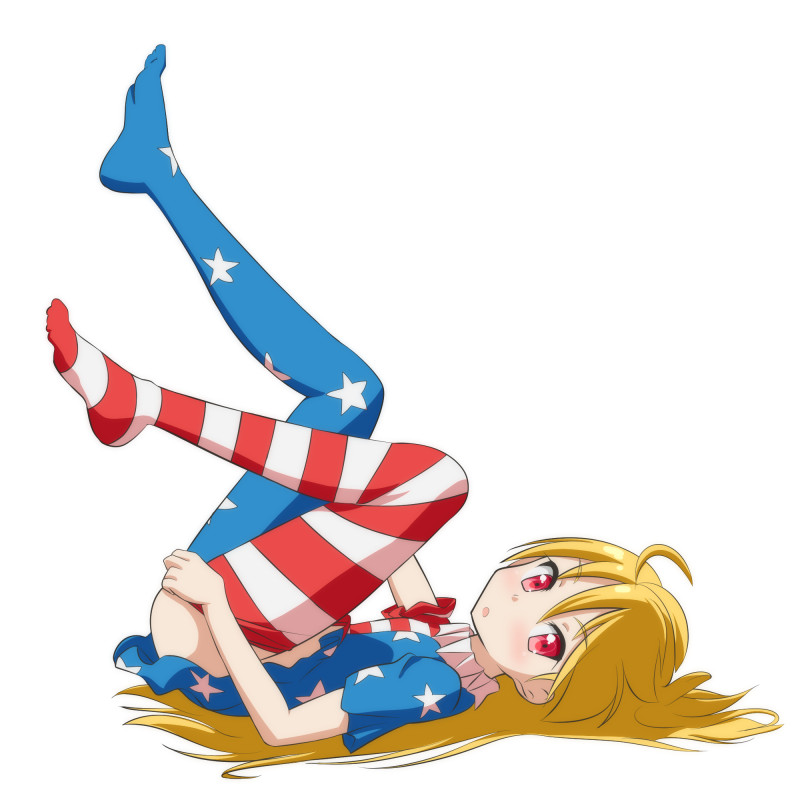 american_flag_dress american_flag_legwear blonde_hair cato_(monocatienus) clownpiece commentary_request dress full_body legs_up long_hair looking_at_viewer lying neck_ruff no_hat no_headwear no_shoes on_back pantyhose pantyhose_pull red_eyes short_dress short_sleeves simple_background solo star star_print striped touhou white_background