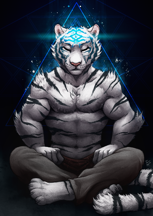 2018 4_toes anthro clothed clothing digital_media_(artwork) feline feral fur male mammal navel sitting solo tasanko tiger toes topless white_fur