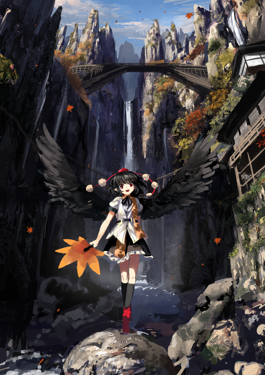 architecture black_hair black_wings blue_sky bridge cloud commentary_request east_asian_architecture feathered_wings geta hat highres kneehighs leaf_fan looking_at_viewer mountain neck_ribbon open_mouth outdoors pointy_ears pom_pom_(clothes) red_eyes ribbon rock scenery shameimaru_aya short_hair skirt sky smile solo suna_(s73d) tengu tengu-geta tokin_hat touhou tree water waterfall wings youkai_mountain