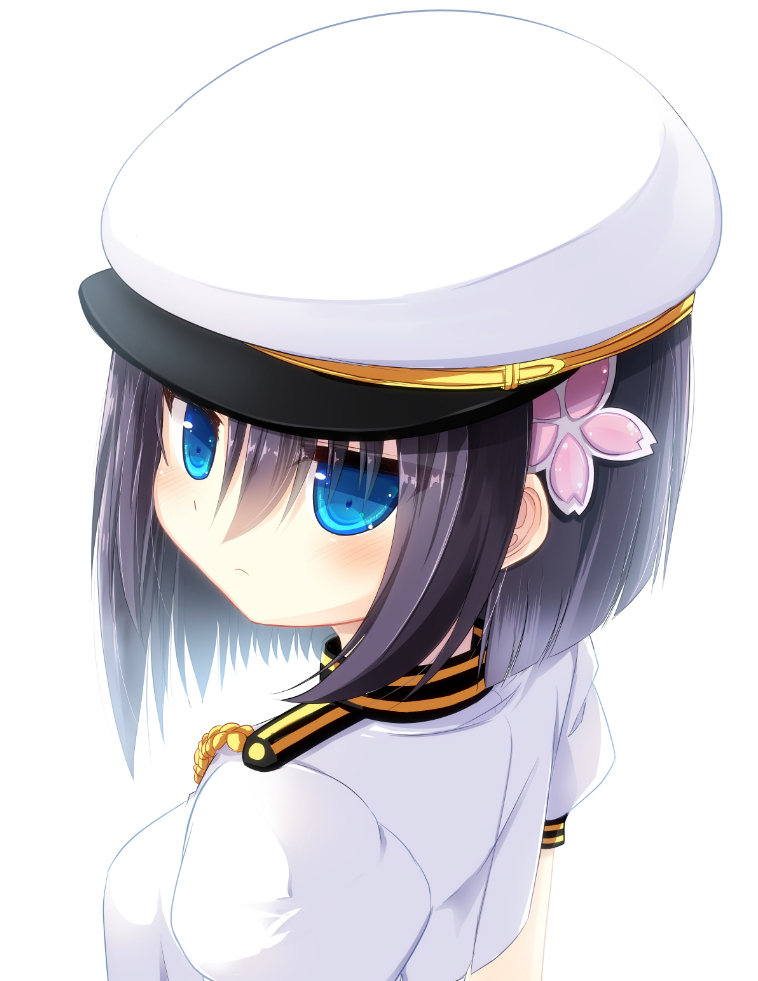 black_hair blue_eyes blunt_ends breasts flower frown hair_between_eyes hair_flower hair_ornament hat maritchi ring_dream shirt short_hair short_sleeves simple_background small_breasts solo upper_body white_background white_hat white_shirt