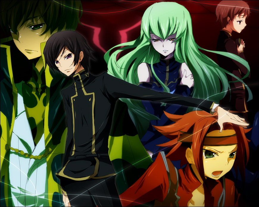 3boys ashford_academy_uniform black_hair brown_hair c.c. code_geass flipped_hair green_eyes green_hair half-closed_eyes headband kallen_stadtfeld kl knights_of_the_round_uniform kururugi_suzaku lelouch_lamperouge long_hair multiple_boys multiple_girls outstretched_arm purple_eyes red_hair rolo_lamperouge school_uniform short_hair yellow_eyes