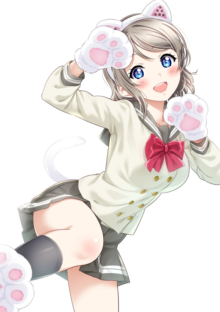 animal_ears bangs black_legwear blue_eyes blush cat_ears cat_paws cat_tail eyebrows_visible_through_hair grey_hair highres knee_up leg_up looking_at_viewer love_live! love_live!_sunshine!! neckerchief open_mouth paw_pose paws pleated_skirt rozen5 sailor_collar school_uniform short_hair simple_background skirt smile tail watanabe_you white_background