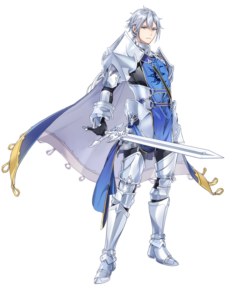 armor black_legwear blue_eyes boots cape epic7 full_body greaves hair_between_eyes holding holding_sword holding_weapon looking_at_viewer male_focus official_art ponytail silver_hair standing sword transparent_background tywin_herad weapon white_cape
