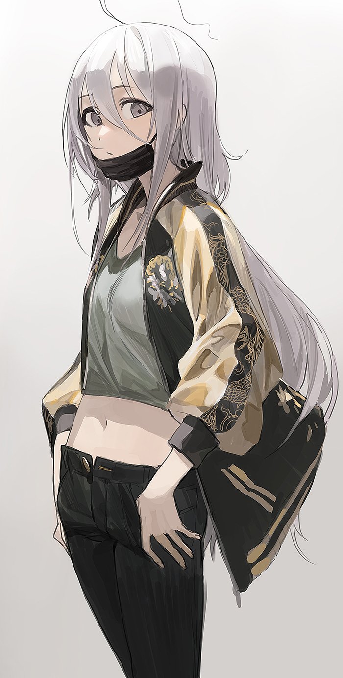 ahoge black_surgical_mask commentary cowboy_shot crop_top expressionless gradient gradient_background grey_eyes grey_hair hair_between_eyes highres hoshi_shouko idolmaster idolmaster_cinderella_girls jacket long_hair looking_at_viewer mossi navel open_clothes open_jacket pants solo sukajan surgical_mask thumbs_in_pockets unbuttoned_pants