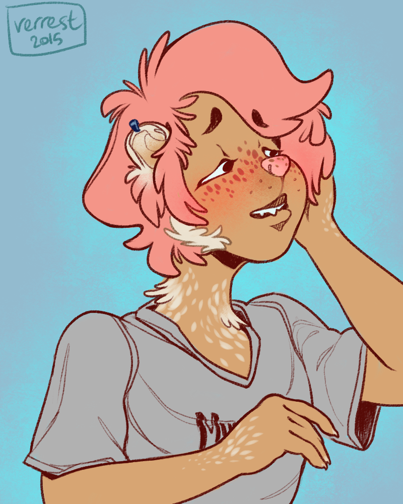 blush brown_skin clothed clothing ferret freckles fur hair half-closed_eyes hand_in_hair human human_to_anthro mammal mustelid pink_hair sharp_teeth shirt simple_background smile solo teeth transformation verrest white_fur