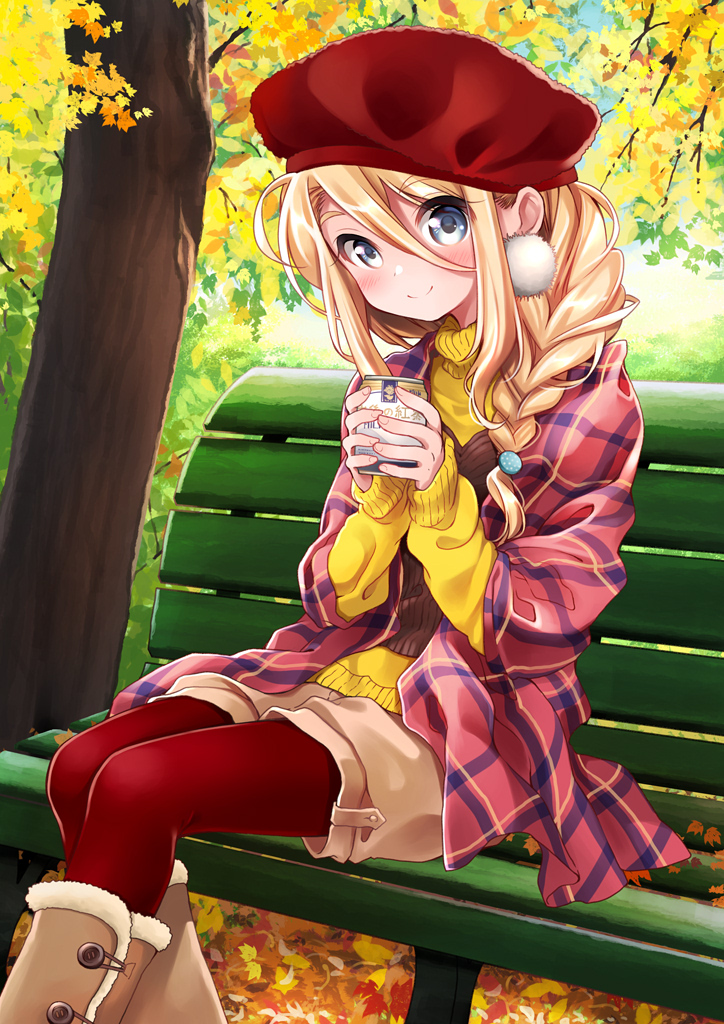 autumn_leaves bench black_tea blue_eyes blush boots braid brown_footwear can hair_between_eyes hair_ornament hair_over_shoulder hat holding holding_can kawanobe leaf long_hair maple_leaf on_bench original pantyhose plaid_jacket red_hat red_legwear shorts sidelocks sitting smile solo sweater tea tree yellow_sweater