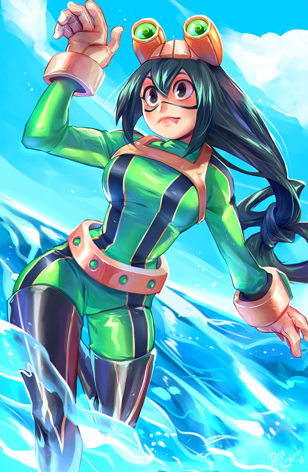 :p asui_tsuyu black_footwear bodysuit boku_no_hero_academia boots breasts commentary day english_commentary gloves goggles goggles_on_head green_hair grey_eyes hair_tubes highres lina_rojas long_hair medium_breasts ocean skin_tight solo thigh_boots thighhighs tied_hair tongue tongue_out very_long_hair water white_gloves