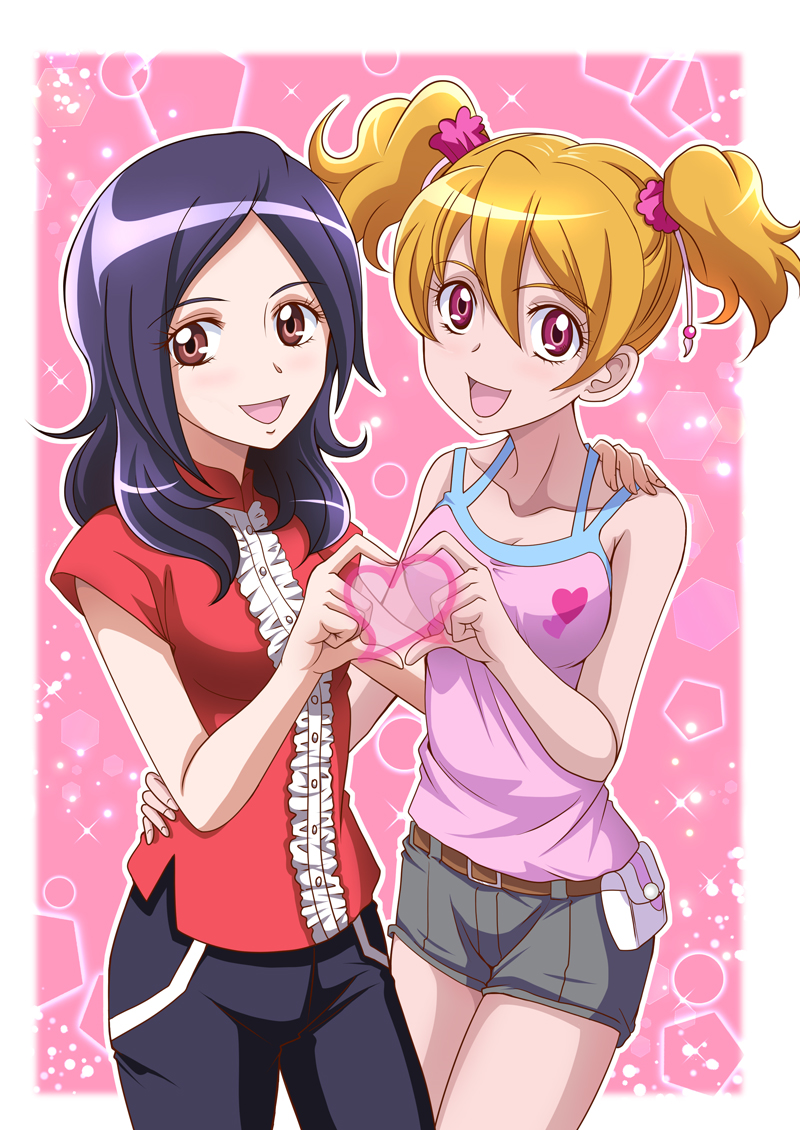 :d bangs belt black_pants blonde_hair breasts brown_eyes cleavage collarbone cowboy_shot eyebrows_visible_through_hair fresh_precure! grey_shorts hair_between_eyes hair_ornament hair_scrunchie hand_on_another's_hip hand_on_another's_shoulder hanzou heart heart_hands heart_hands_duo heart_print higashi_setsuna long_hair looking_at_viewer medium_breasts momozono_love multiple_girls open_mouth pants parted_bangs pink_scrunchie pink_shirt precure print_shirt red_eyes red_shirt scrunchie shiny shiny_hair shirt short_shorts short_twintails shorts sleeveless sleeveless_shirt smile standing twintails