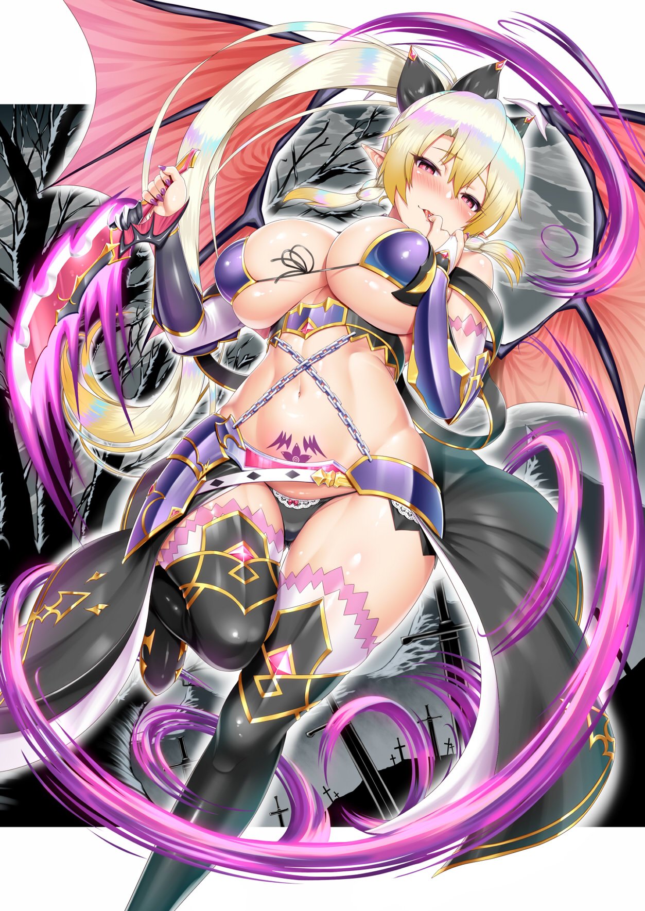 armor bikini_armor black_legwear black_panties blonde_hair blush braid breasts chain commentary_request dark_persona demon_wings detached_sleeves feet_out_of_frame finger_in_mouth front-tie_bikini front-tie_top gradient_hair hair_between_eyes highres holding holding_weapon kawase_seiki leafa long_hair multicolored_hair nail_polish naughty_face navel panties pointy_ears pubic_tattoo purple_nails revealing_clothes solo sword sword_art_online tattoo thighhighs tongue tongue_out twin_braids underboob underwear very_long_hair weapon wings