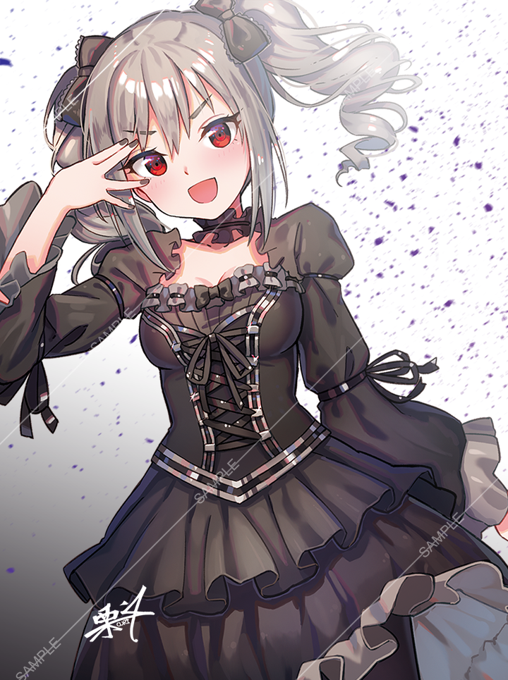 :d arm_up bangs black_bow black_dress black_legwear black_nails black_ribbon blush bow breasts commentary_request cross-laced_clothes dress eyebrows_visible_through_hair fingernails gothic_lolita gradient gradient_background grey_background grey_hair hair_between_eyes hair_bow head_tilt idolmaster idolmaster_cinderella_girls juliet_sleeves kanzaki_ranko kuri_choko lolita_fashion long_sleeves looking_at_viewer medium_breasts nail_polish open_mouth pantyhose puffy_sleeves red_eyes ribbon ringlets sample signature smile solo twintails v-shaped_eyebrows white_background