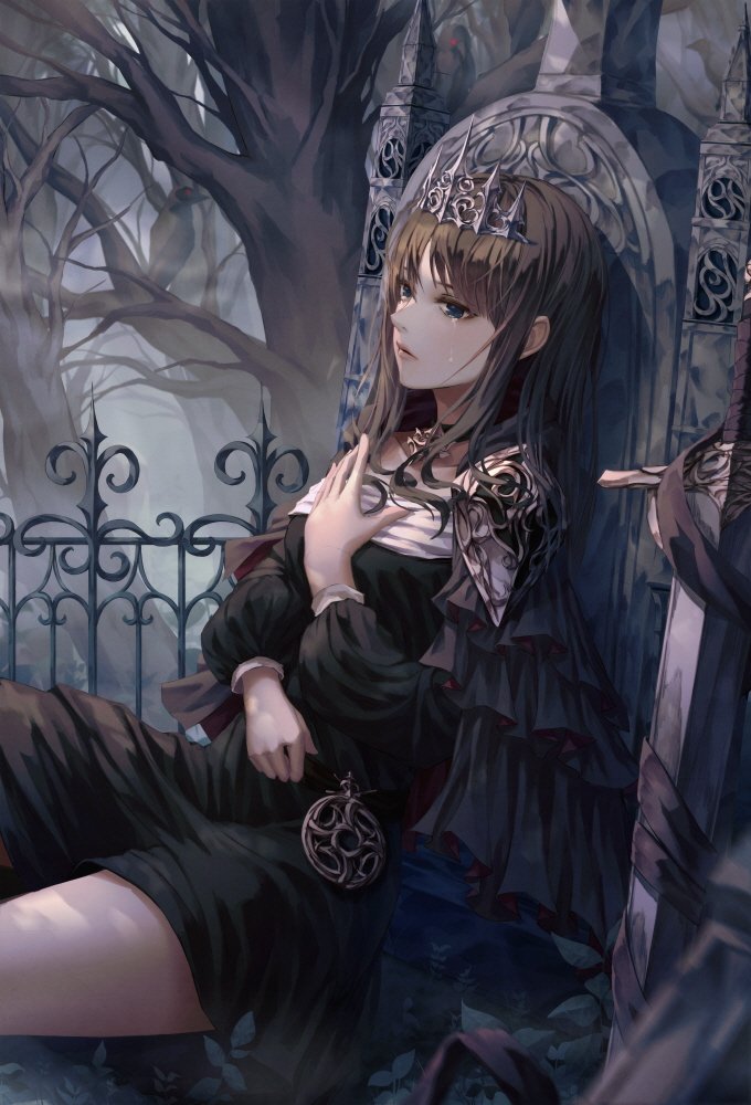 against_tombstone black_dress black_eyes brown_hair cowboy_shot crying crying_with_eyes_open diadem dress graveyard hiera12 long_hair original outdoors short_dress sitting solo sword tears tombstone tree weapon