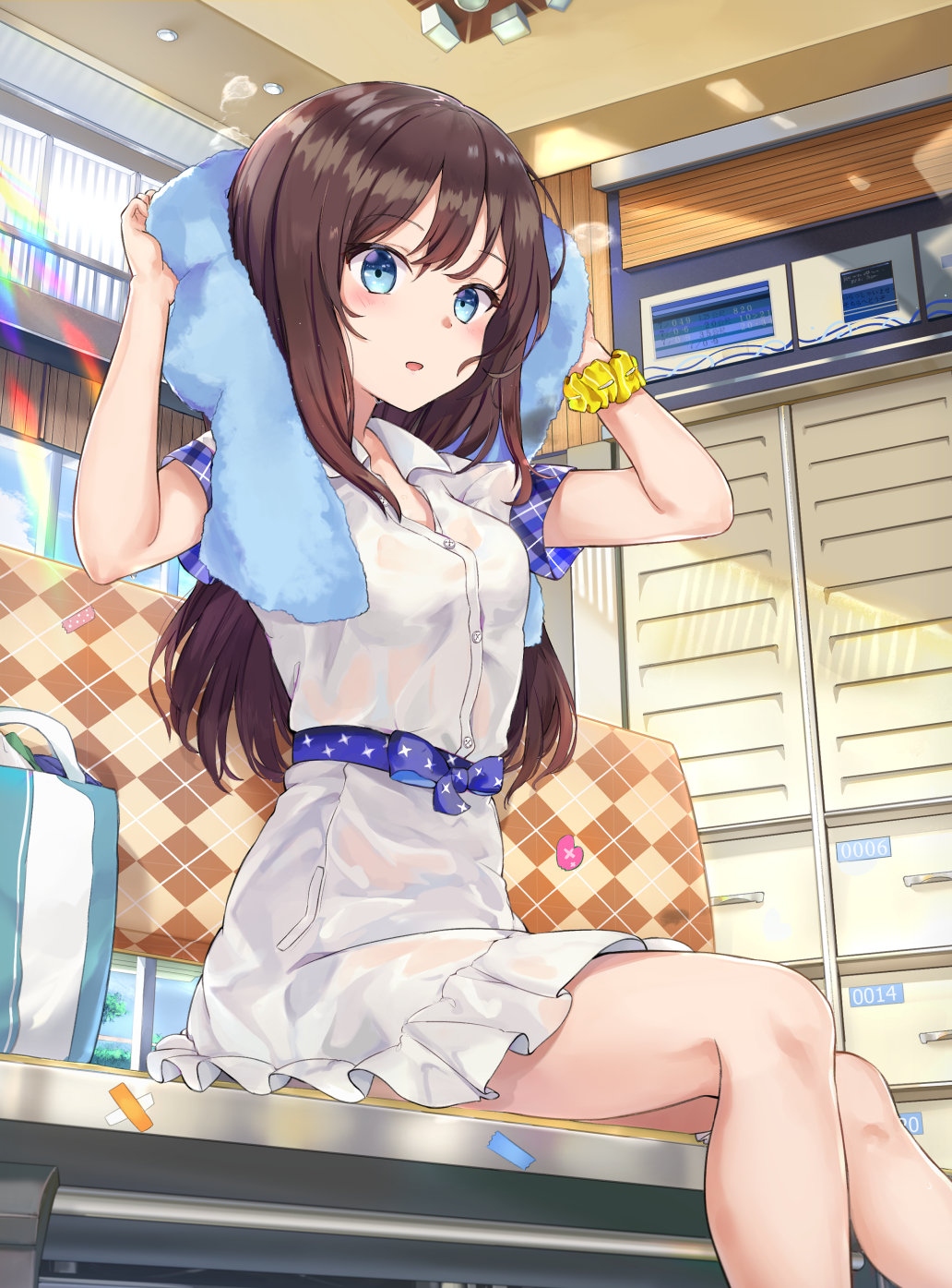 arms_up bag bangs bench blue_bow blue_eyes blue_sky blush bow breasts brown_hair cloud cloudy_sky collared_shirt commentary day dress_shirt drying drying_hair eyebrows_visible_through_hair hair_between_eyes highres indoors long_hair looking_at_viewer mosta_(lo1777789) on_bench original parted_lips plaid shirt short_sleeves sitting skirt sky small_breasts solo sparkle sunlight symbol_commentary towel very_long_hair wet wet_clothes wet_shirt wet_skirt white_shirt white_skirt window