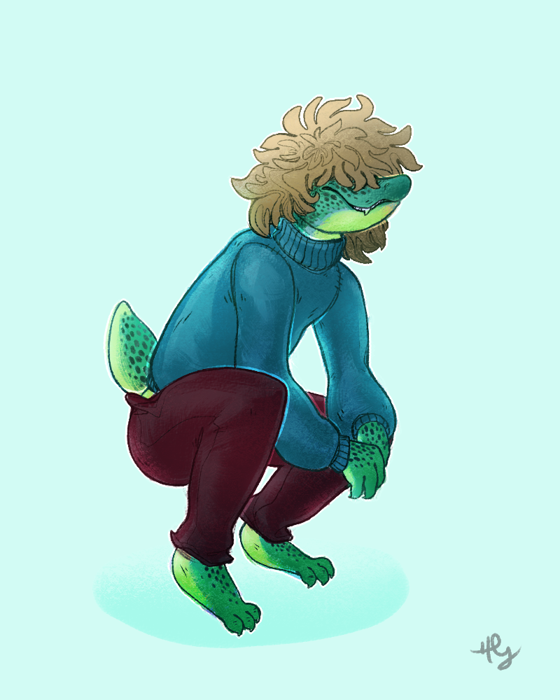 3_toes amphibian anthro blonde_hair clothed clothing crouching green_scales hair hair_over_eyes heather_(verrest) male messy_hair pants salamander scales simple_background smile solo sweater toes turtleneck verrest