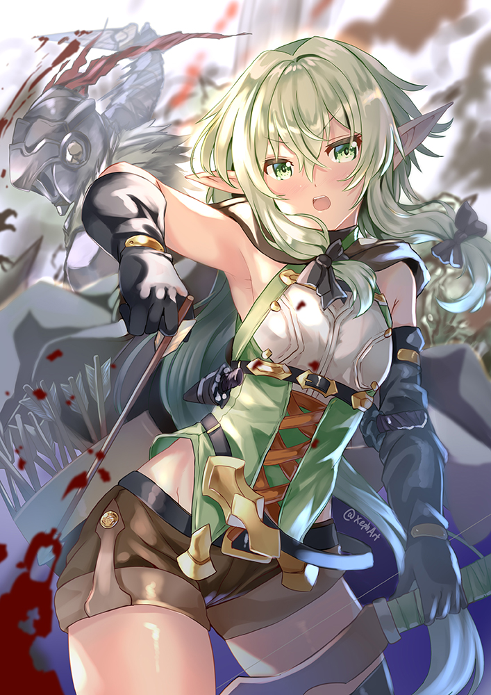 1girl arm_up armor armpits arrow artist_name asymmetrical_gloves bangs black_bow black_gloves blood blush bow bow_(weapon) cape dagger elbow_gloves elf eyebrows_visible_through_hair full_armor gloves goblin goblin_slayer goblin_slayer! green_eyes green_hair hair_between_eyes hair_bow helmet high_elf_archer_(goblin_slayer!) holding holding_bow_(weapon) holding_weapon long_hair looking_at_viewer mismatched_gloves navel open_mouth pointy_ears quiver sheath sheathed shorts sidelocks sleeveless sword upper_teeth weapon xephonia