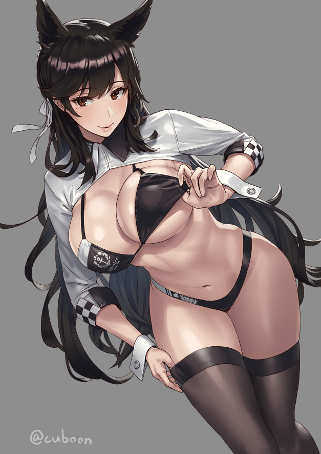 animal_ears atago_(azur_lane) azur_lane black_bra black_hair bra bra_lift breasts brown_eyes cleavage commentary_request cuboon dog_ears eyebrows_visible_through_hair grey_background hair_ribbon large_breasts lifted_by_self long_hair looking_at_viewer midriff mole mole_under_eye navel race_queen ribbon simple_background smile solo thighhighs thighs thong twitter_username underwear very_long_hair wrist_cuffs