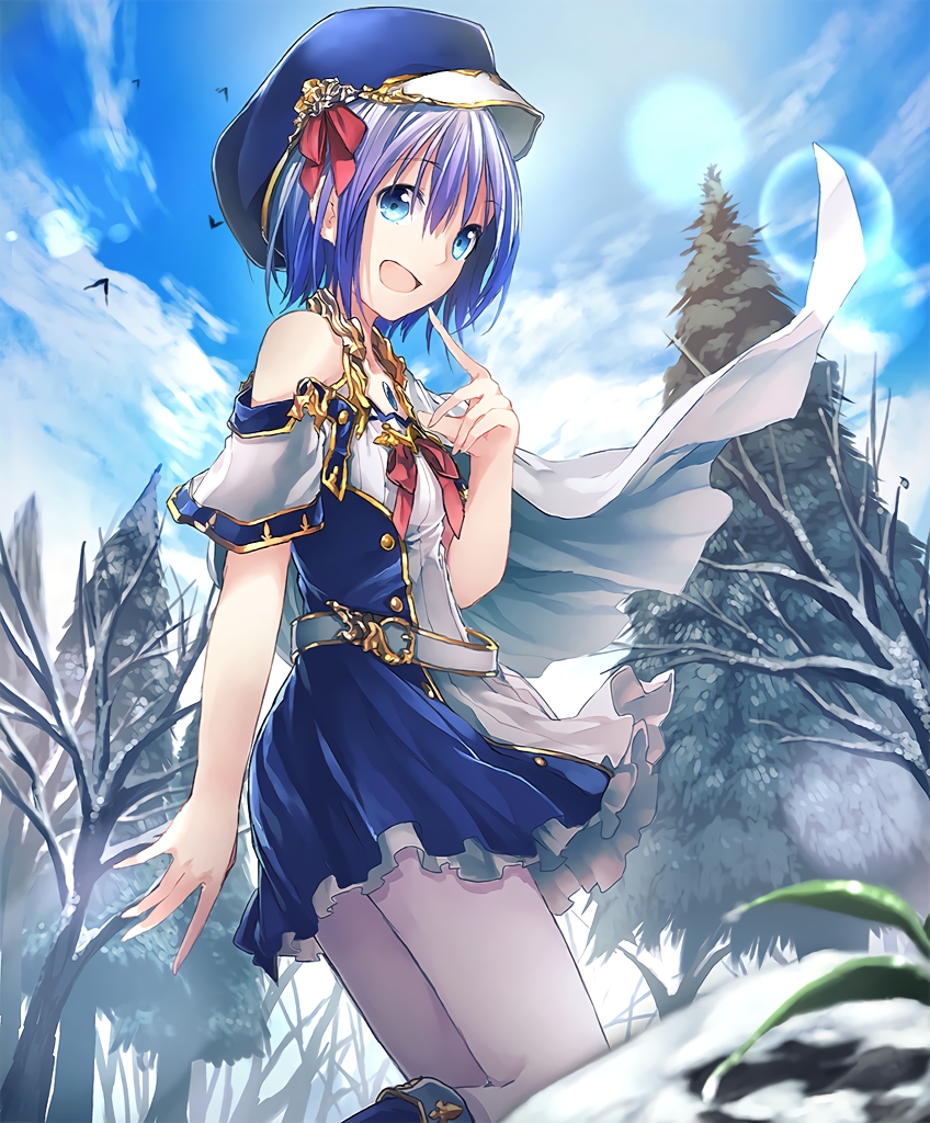 :d artist_request bare_shoulders bare_tree belt blue_eyes blue_hair blue_skirt cloud cloudy_sky cygames eyebrows_visible_through_hair frills gold_trim hat hat_ribbon lens_flare looking_at_viewer miriam_(shadowverse) official_art open_mouth pantyhose ribbon shadowverse shingeki_no_bahamut short_hair skirt sky smile snow spruce tree