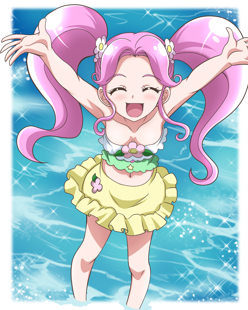 :d arms_up blush breasts cleavage closed_eyes collarbone floating_hair flower frilled_skirt frills hair_flower hair_ornament hanami_kotoha hanzou highres long_hair mahou_girls_precure! midriff miniskirt navel open_mouth outstretched_arms pink_hair precure shiny shiny_hair skirt small_breasts smile solo sparkle standing stomach strapless strapless_bikini twintails very_long_hair wading water white_flower yellow_skirt