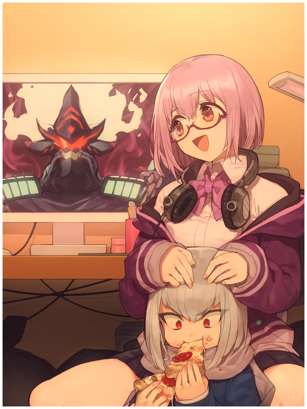 1girl alexis_(ssss.gridman) anti_(ssss.gridman) black_skirt bow commentary_request food headphones highres hitoto jacket lavender_hair monitor open_mouth pink-framed_eyewear pizza purple_bow purple_jacket red_eyes semi-rimless_eyewear shinjou_akane short_hair silver_hair sitting skirt sleeves_past_wrists ssss.gridman