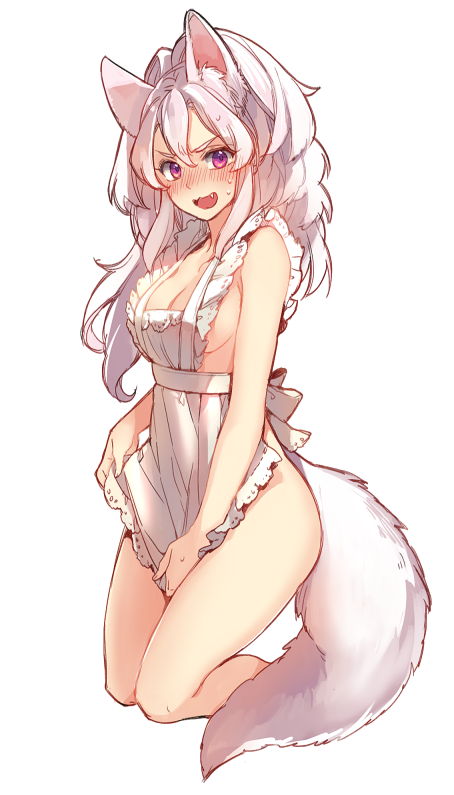 animal_ears apron apron_tug blush breasts chinese_commentary cleavage commentary_request embarrassed eyebrows fang full_body hair_between_eyes kneeling long_hair maid_apron medium_breasts mesme naked_apron nose_blush open_mouth original pink_eyes sideboob simple_background solo sweat tail white_apron white_background white_hair wolf_ears wolf_tail