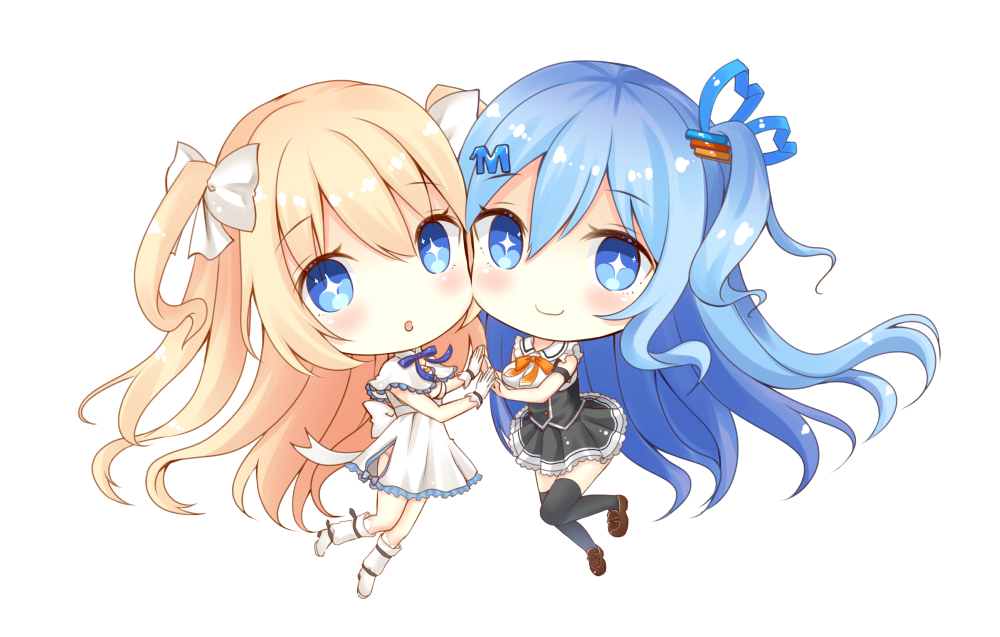 2girls :o armband bangs bare_shoulders black_legwear black_skirt blonde_hair blue_eyes blue_hair blue_neckwear blue_ribbon blush boots bow bowtie breasts brown_footwear capelet chibi closed_mouth collared_shirt commentary_request dress emori_el emori_miku emori_miku_project eyebrows_visible_through_hair frilled_dress frilled_shirt frilled_skirt frills gloves hair_between_eyes hair_bow hair_ornament hair_ribbon hairclip hands_together knee_boots loafers long_hair looking_at_viewer miniskirt multiple_girls one_side_up orange_neckwear panties parted_lips pleated_skirt ribbon ritacoeri shirt shoes side_slit sidelocks simple_background skirt sleeveless sleeveless_dress sleeveless_shirt smile symbol-shaped_pupils thighhighs underbust underwear very_long_hair wavy_hair white_background white_bow white_dress white_footwear white_gloves white_panties white_shirt zettai_ryouiki