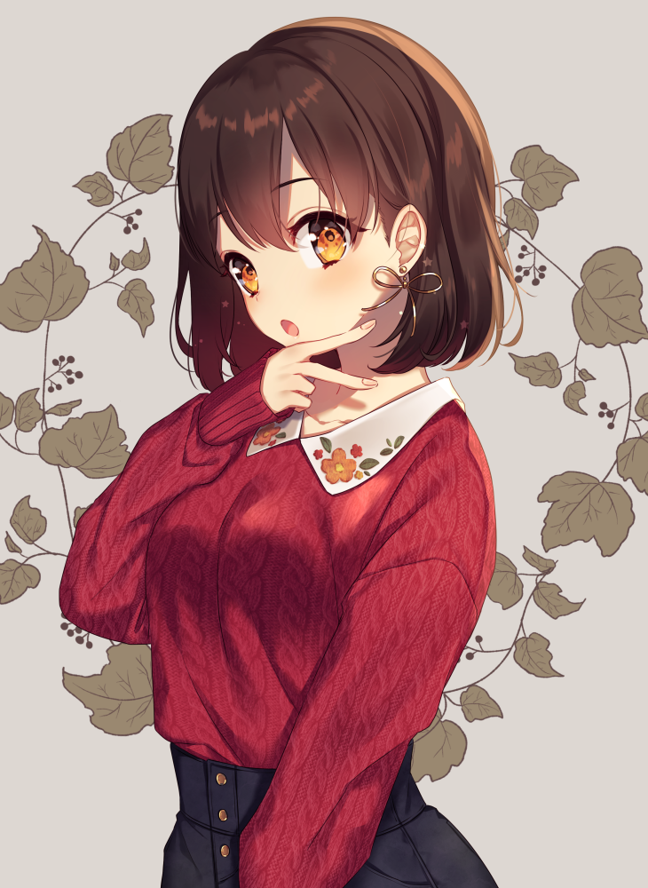 :o bangs black_skirt brown_hair collarbone collared_shirt earrings floral_print grey_background hand_on_own_cheek jewelry long_sleeves looking_at_viewer moyui_(myi_005) original red_shirt shirt short_hair skirt solo upper_body v yellow_eyes