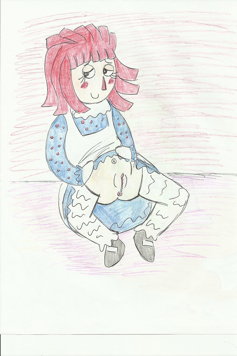 animate_inanimate anus clothing clothing_lift doll dress female hair half-closed_eyes humanoid looking_at_viewer pussy raggedy_ann red_hair sitting skirt skirt_lift smile smirk solo unknown_artist