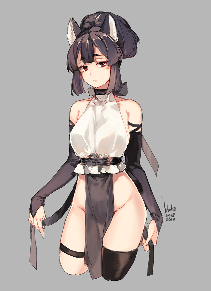 animal_ears artist_name bangs bare_shoulders black_gloves black_hair black_legwear blunt_bangs blunt_ends breasts bridal_gauntlets chinese_commentary choker collarbone commentary_request crop_top cropped_legs dated elbow_gloves expressionless gloves grey_background hair_up half-closed_eyes looking_at_viewer medium_breasts mesme no_panties original pelvic_curtain red_eyes short_eyebrows simple_background single_thighhigh solo thick_eyebrows thigh_strap thighhighs