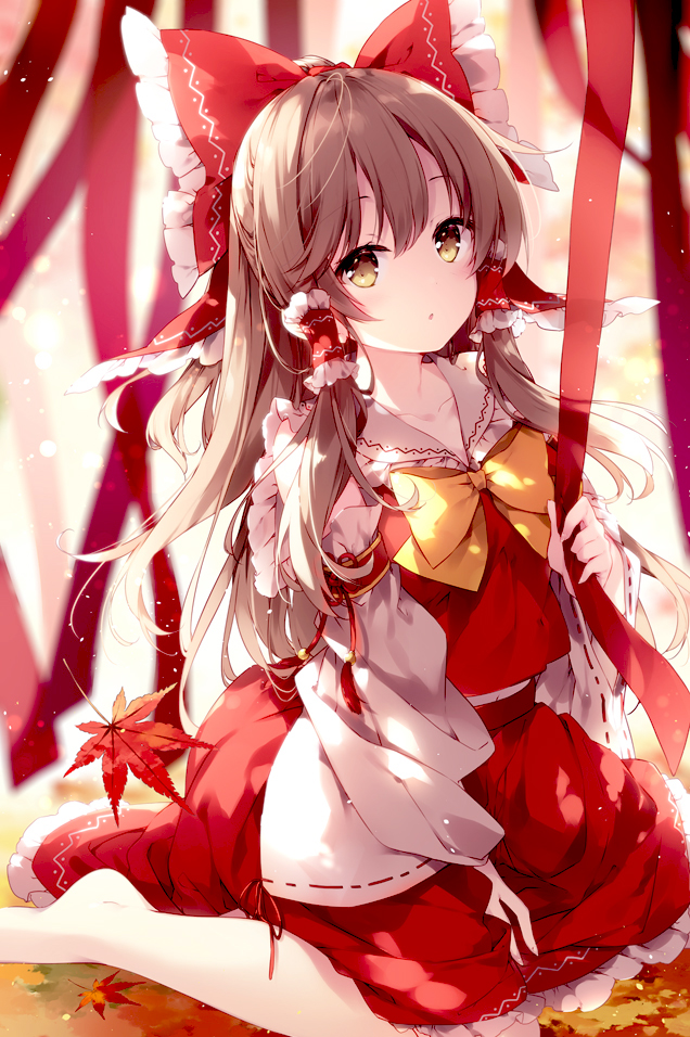 :o backlighting bangs barefoot between_legs blurry bow bowtie brown_hair collared_shirt commentary_request depth_of_field detached_sleeves frilled_bow frilled_shirt_collar frills hair_bow hair_tubes hakurei_reimu half_updo hand_between_legs holding holding_ribbon leaf long_hair long_sleeves looking_at_viewer maple_leaf mochizuki_shiina nontraditional_miko on_ground parted_lips red_bow red_ribbon red_shirt red_skirt ribbon ribbon-trimmed_sleeves ribbon_trim shirt sidelocks sitting skirt skirt_set solo touhou wariza wide_sleeves yellow_bow yellow_eyes yellow_neckwear