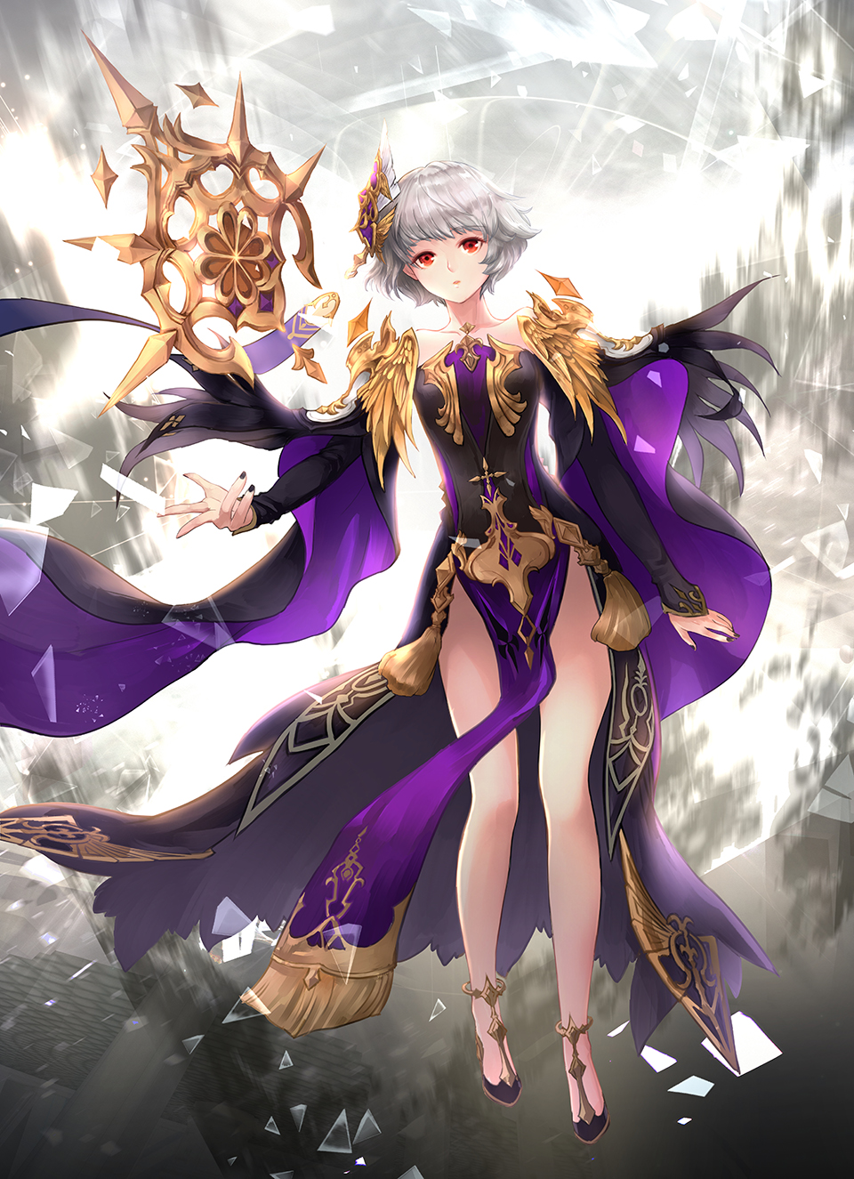 black_nails full_body hair_ornament highres i-sol-e long_sleeves looking_at_viewer nail_polish red_eyes seven_knights silver_hair standing white_background